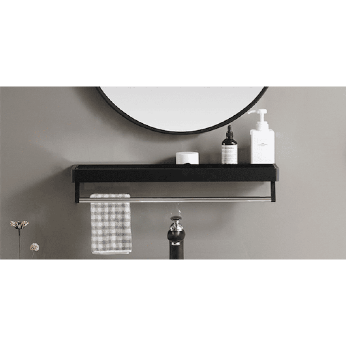 Bathroom Metal Wall Mirror Shelf Black Framed Rectangle 500Mm, Bathroom Accessories - Nz Depot