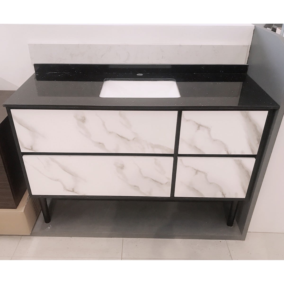 Vanity - Ava Series 1200Mm - Black Marble Pattern Cabinet With Engineering Stone Top, Freestanding - Square Basin - Nz Depot