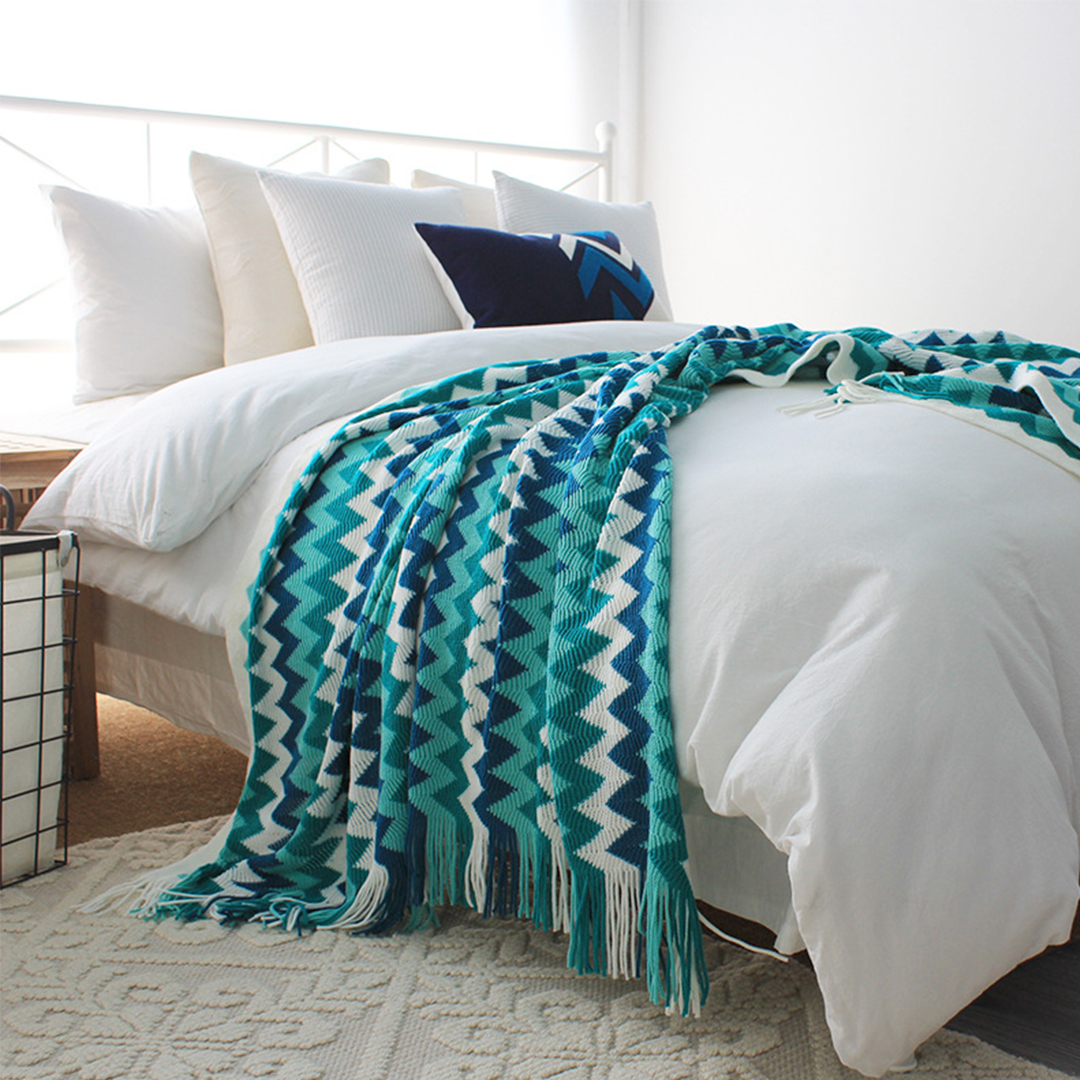 Soga 170Cm Blue Zigzag Striped Throw Blanket Acrylic Wave Knitted Fringed Woven Cover Couch Bed Sofa Home Decor, Home, Bed Linen, Throws And Blankets, Blankets, ,  - Nz Depot 2