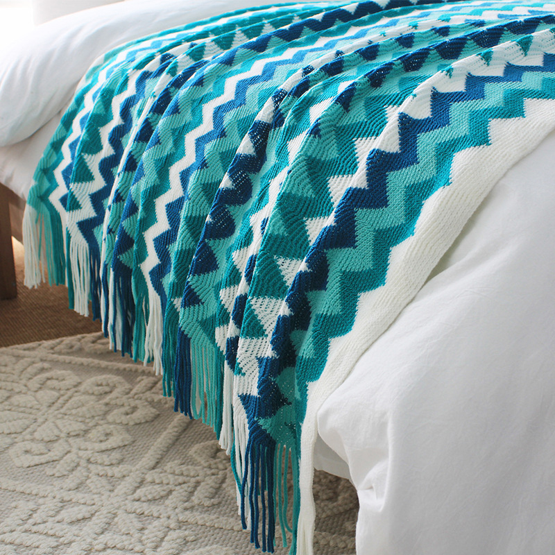 Soga 170Cm Blue Zigzag Striped Throw Blanket Acrylic Wave Knitted Fringed Woven Cover Couch Bed Sofa Home Decor, Home, Bed Linen, Throws And Blankets, Blankets, ,  - Nz Depot 4