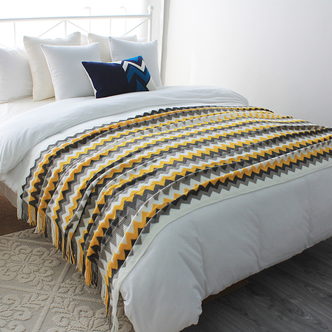 Soga 170Cm Yellow Zigzag Striped Throw Blanket Acrylic Wave Knitted Fringed Woven Cover Couch Bed Sofa Home Decor, Home, Bed Linen, Throws And Blankets, Blankets, ,  - Nz Depot 2