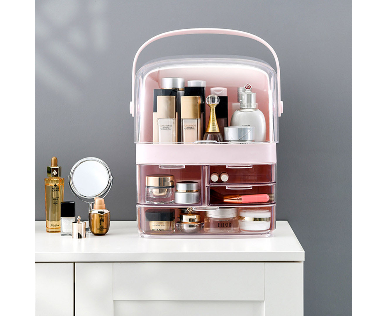 Soga 2X 3 Tier Pink Countertop Makeup Cosmetic Storage Organiser Skincare Holder Jewelry Storage Box With Handle, Home, Bathroom, Bathroom Accessories, Bathroom Storage, ,  - Nz Depot 3