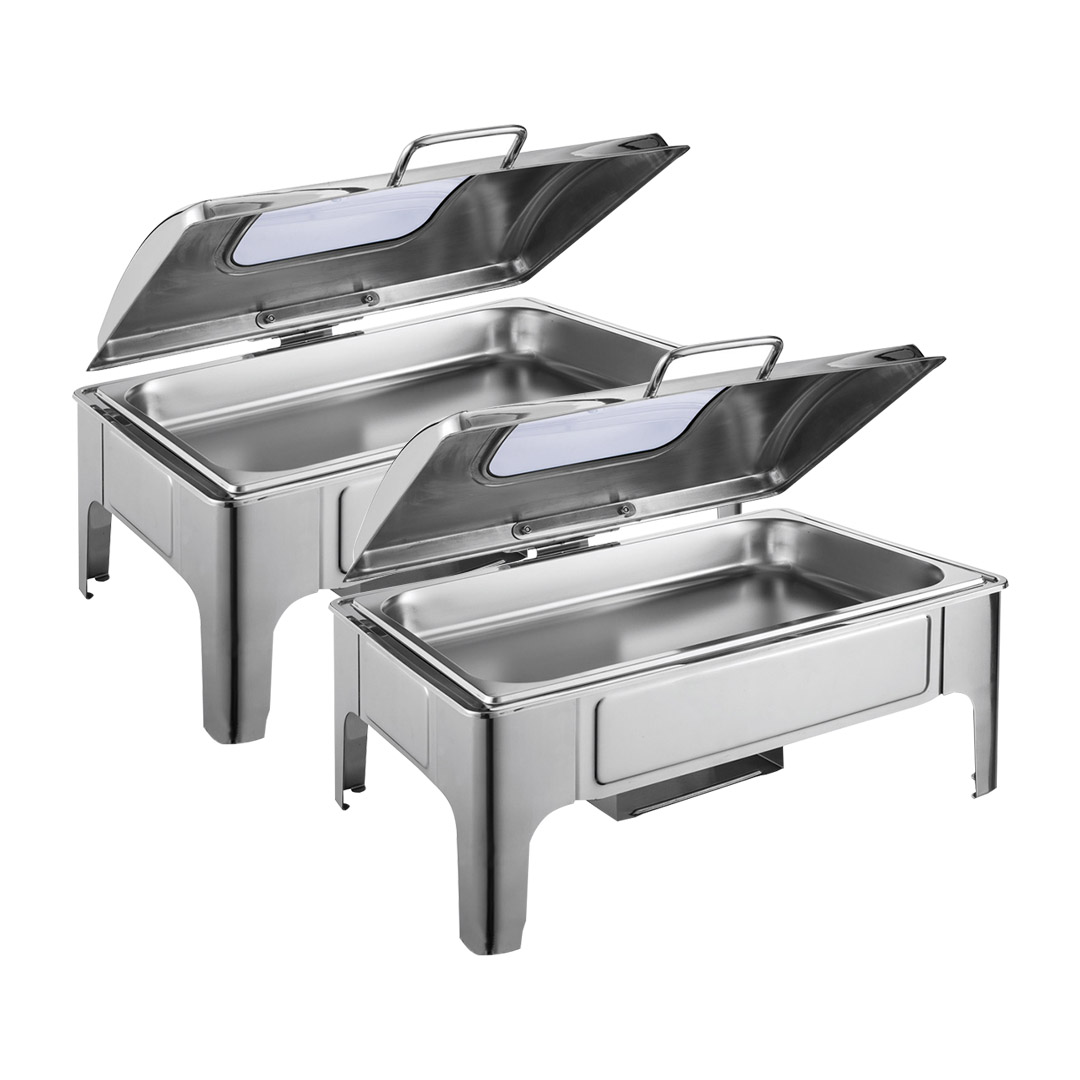 Soga 2X 9L Rectangular Stainless Steel Soup Warmer Roll Top Chafer Chafing Dish Set With Glass Visual Window Lid, Furniture, Kitchen &Amp; Dining Room Furniture, Buffets, Sideboards &Amp; Kitchen Islands, , ,  - Nz Depot 1