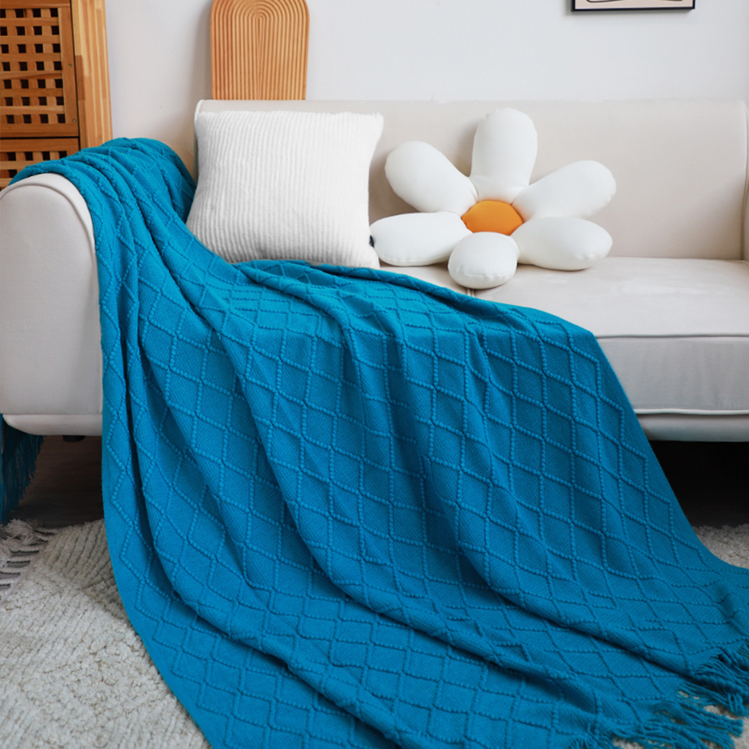 Soga 2X Blue Diamond Pattern Knitted Throw Blanket Warm Cozy Woven Cover Couch Bed Sofa Home Decor With Tassels, Home, Bed Linen, Throws And Blankets, Blankets, ,  - Nz Depot 3