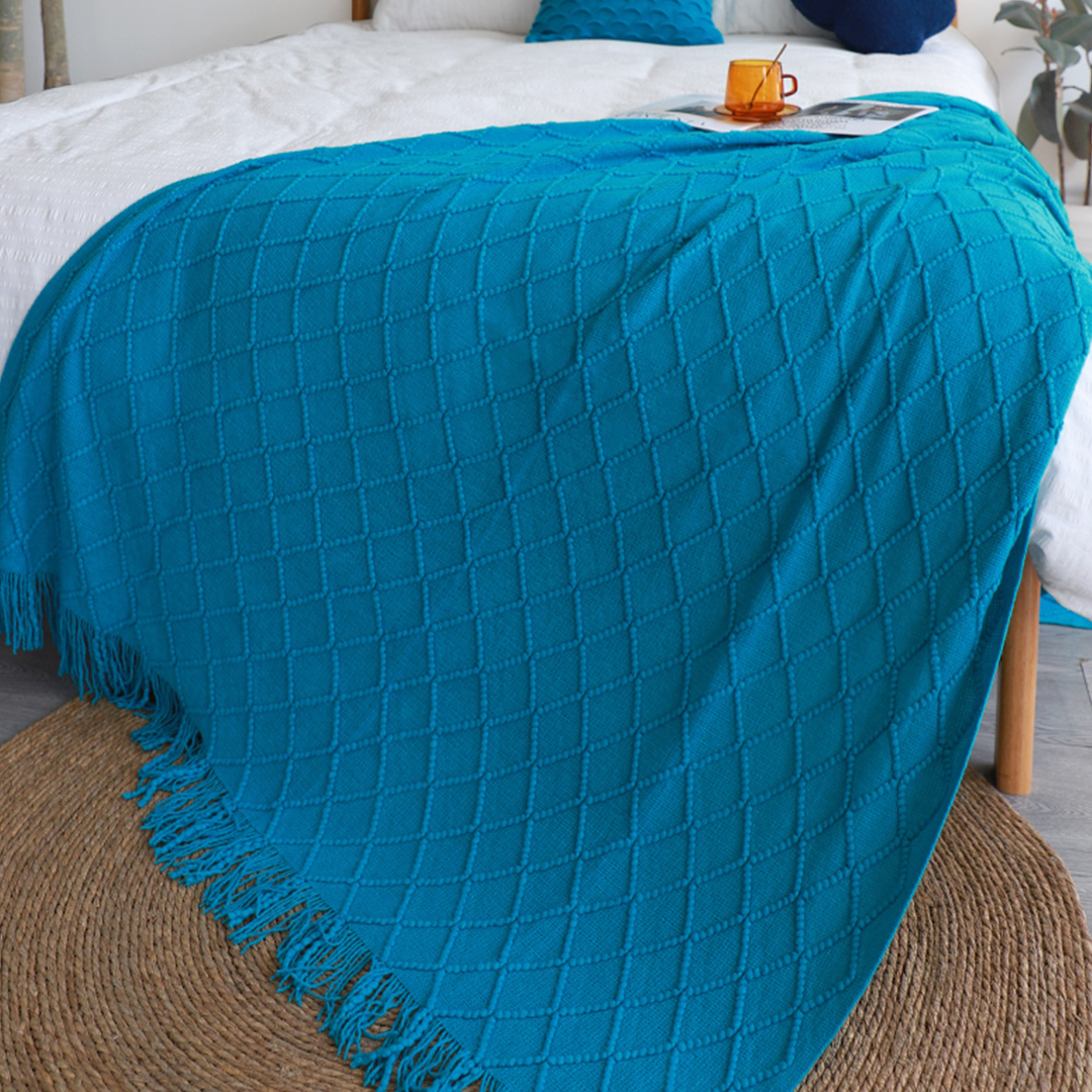 Soga 2X Blue Diamond Pattern Knitted Throw Blanket Warm Cozy Woven Cover Couch Bed Sofa Home Decor With Tassels, Home, Bed Linen, Throws And Blankets, Blankets, ,  - Nz Depot 4