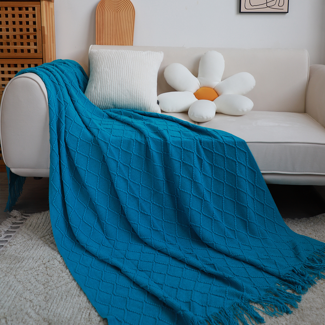 Soga 2X Blue Diamond Pattern Knitted Throw Blanket Warm Cozy Woven Cover Couch Bed Sofa Home Decor With Tassels, Home, Bed Linen, Throws And Blankets, Blankets, ,  - Nz Depot 7