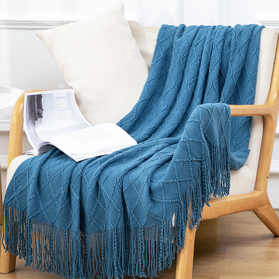 Soga 2X Blue Diamond Pattern Knitted Throw Blanket Warm Cozy Woven Cover Couch Bed Sofa Home Decor With Tassels, Home, Bed Linen, Throws And Blankets, Blankets, ,  - Nz Depot 9