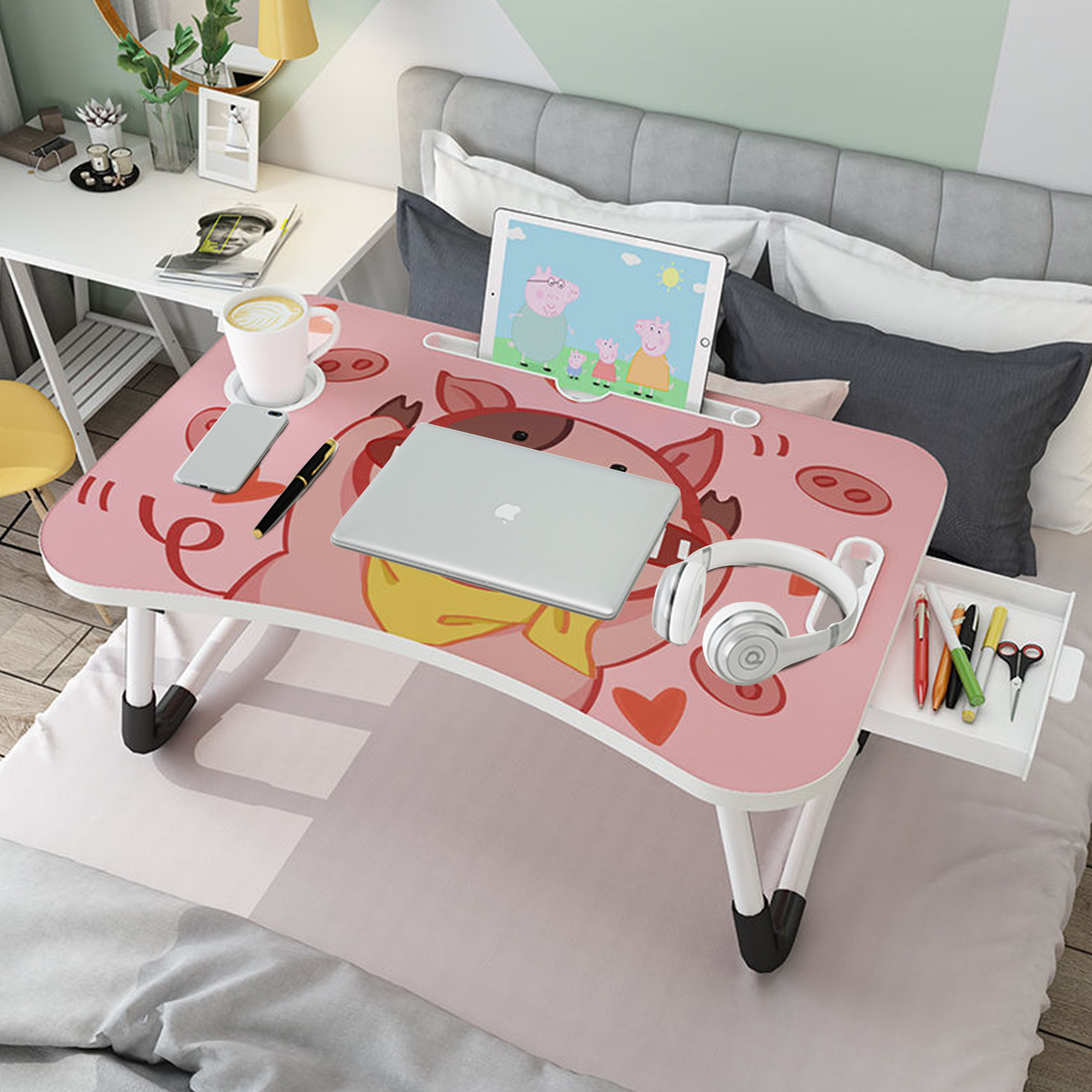 SOGA 2X Cute Pig Design Portable Bed Table Adjustable Foldable Bed Sofa Study Table Laptop Mini Desk with Drawer and Cup Slot Home Decor, Desks & Computer Tables, , , , ,  - NZ DEPOT 4