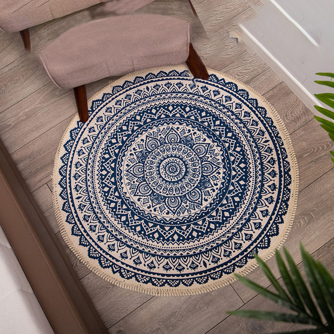 Soga 2X Dark Blue Carpet Soft Linen Bohemian Non-Slip Floor Retro Minimalist Round Rug Home Decor With Tassels, Home &Amp; Living, Home Decor, Rugs, Shaggy Rugs, ,  - Nz Depot 2