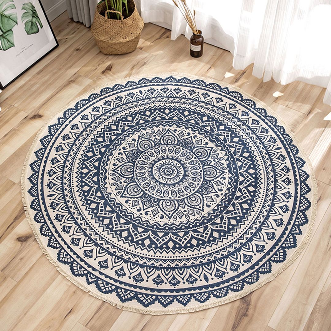 Soga 2X Dark Blue Carpet Soft Linen Bohemian Non-Slip Floor Retro Minimalist Round Rug Home Decor With Tassels, Home &Amp; Living, Home Decor, Rugs, Shaggy Rugs, ,  - Nz Depot 7