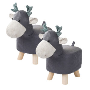 SOGA 2X Grey Children Bench Deer Character Round Ottoman Stool Soft Small Comfy Seat Home Decor NZ DEPOT - NZ DEPOT