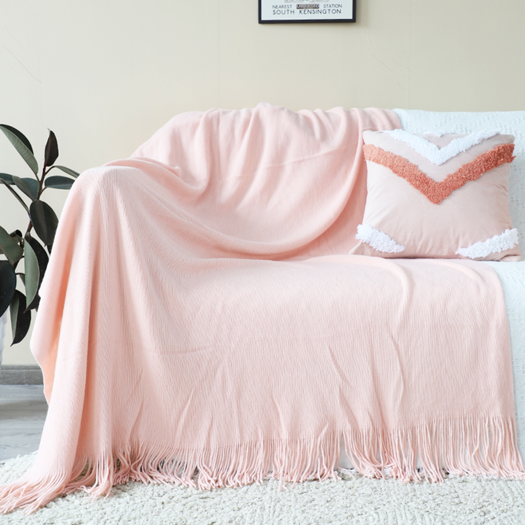 Soga 2X Pink Acrylic Knitted Throw Blanket Solid Fringed Warm Cozy Woven Cover Couch Bed Sofa Home Decor, Home, Bed Linen, Throws And Blankets, Blankets, ,  - Nz Depot 2