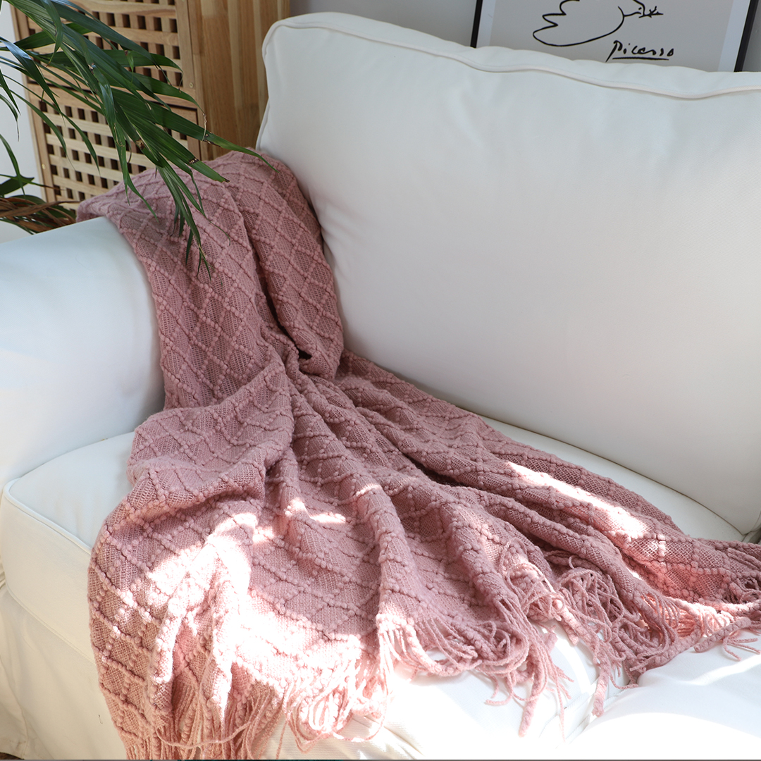 Soga 2X Pink Diamond Pattern Knitted Throw Blanket Warm Cozy Woven Cover Couch Bed Sofa Home Decor With Tassels, Home, Bed Linen, Throws And Blankets, Blankets, ,  - Nz Depot 2