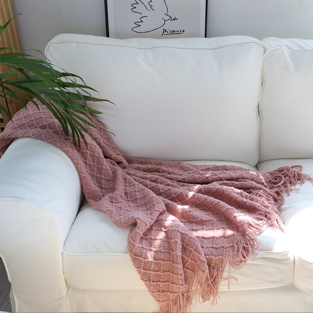 Soga 2X Pink Diamond Pattern Knitted Throw Blanket Warm Cozy Woven Cover Couch Bed Sofa Home Decor With Tassels, Home, Bed Linen, Throws And Blankets, Blankets, ,  - Nz Depot 3