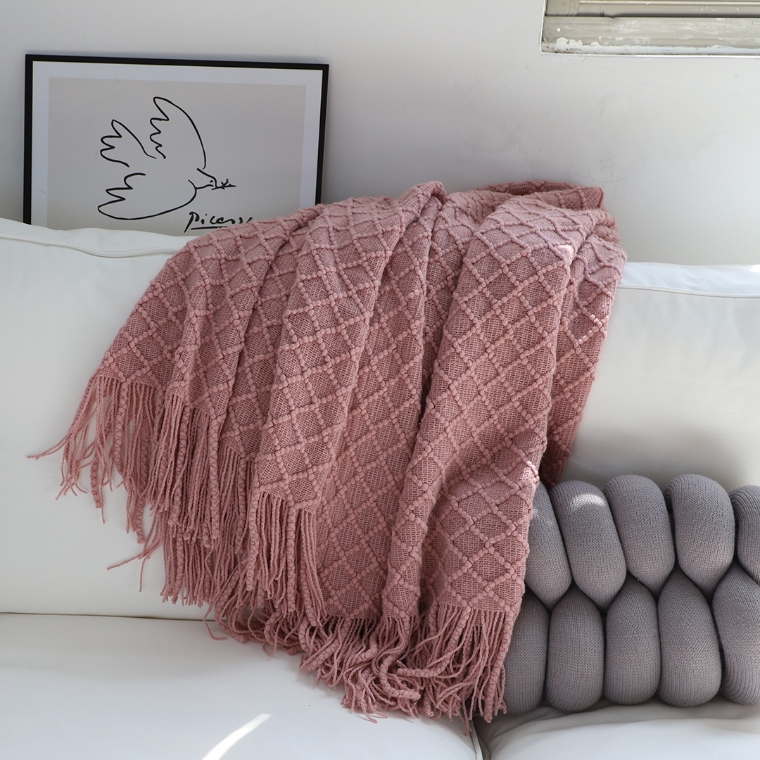 Soga 2X Pink Diamond Pattern Knitted Throw Blanket Warm Cozy Woven Cover Couch Bed Sofa Home Decor With Tassels, Home, Bed Linen, Throws And Blankets, Blankets, ,  - Nz Depot 4