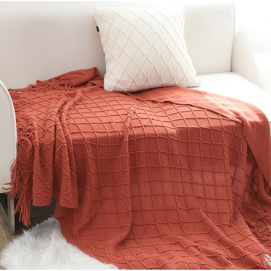 Soga 2X Red Diamond Pattern Knitted Throw Blanket Warm Cozy Woven Cover Couch Bed Sofa Home Decor With Tassels, Home, Bed Linen, Throws And Blankets, Blankets, ,  - Nz Depot 3