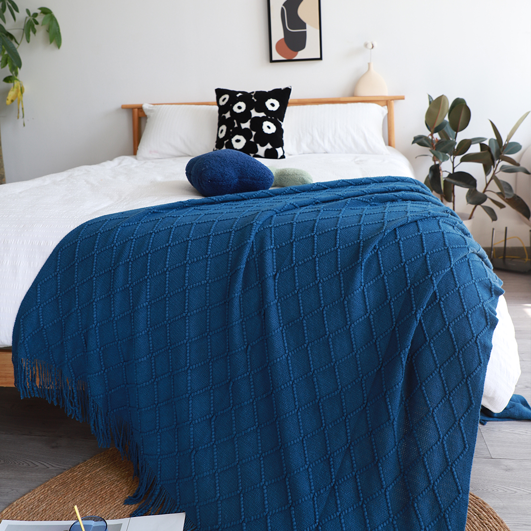 Soga 2X Royal Blue Diamond Pattern Knitted Throw Blanket Warm Cozy Woven Cover Couch Bed Sofa Home Decor With Tassels, Home, Bed Linen, Throws And Blankets, Blankets, ,  - Nz Depot 3