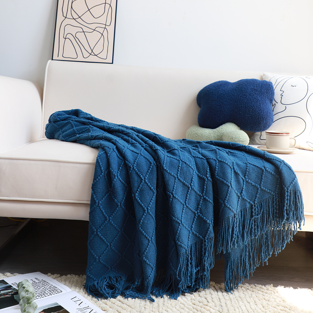 Soga 2X Royal Blue Diamond Pattern Knitted Throw Blanket Warm Cozy Woven Cover Couch Bed Sofa Home Decor With Tassels, Home, Bed Linen, Throws And Blankets, Blankets, ,  - Nz Depot 7