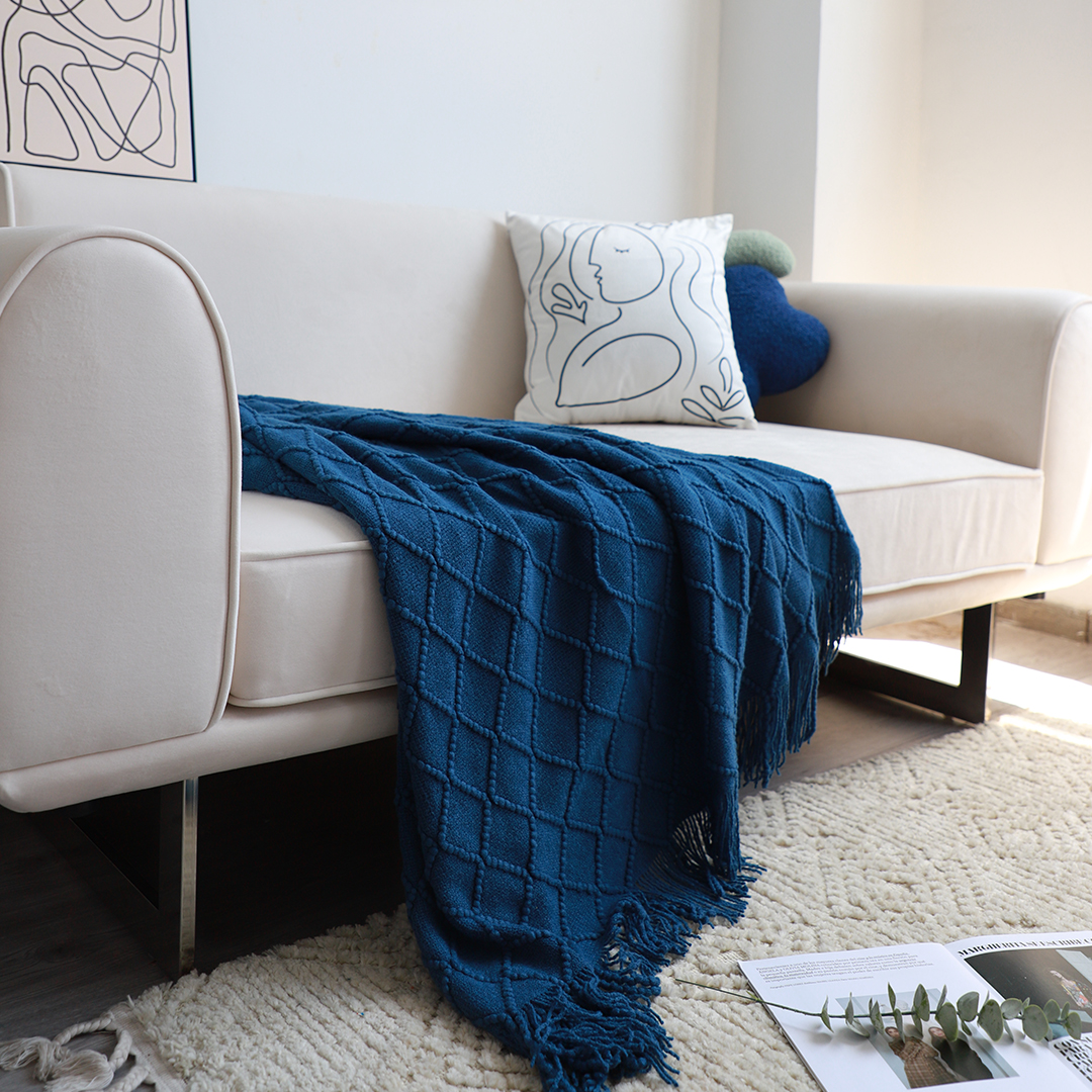 Soga 2X Royal Blue Diamond Pattern Knitted Throw Blanket Warm Cozy Woven Cover Couch Bed Sofa Home Decor With Tassels, Home, Bed Linen, Throws And Blankets, Blankets, ,  - Nz Depot 8