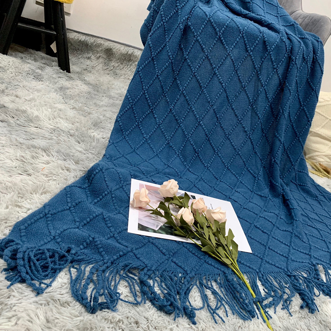 Soga 2X Royal Blue Diamond Pattern Knitted Throw Blanket Warm Cozy Woven Cover Couch Bed Sofa Home Decor With Tassels, Home, Bed Linen, Throws And Blankets, Blankets, ,  - Nz Depot 9