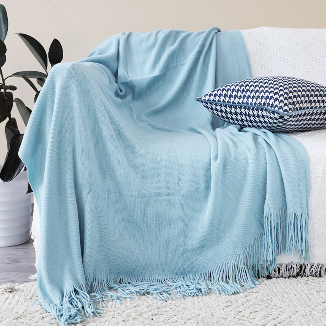 Soga 2X Sky Blue Acrylic Knitted Throw Blanket Solid Fringed Warm Cozy Woven Cover Couch Bed Sofa Home Decor, Home, Bed Linen, Throws And Blankets, Blanket, ,  - Nz Depot 2