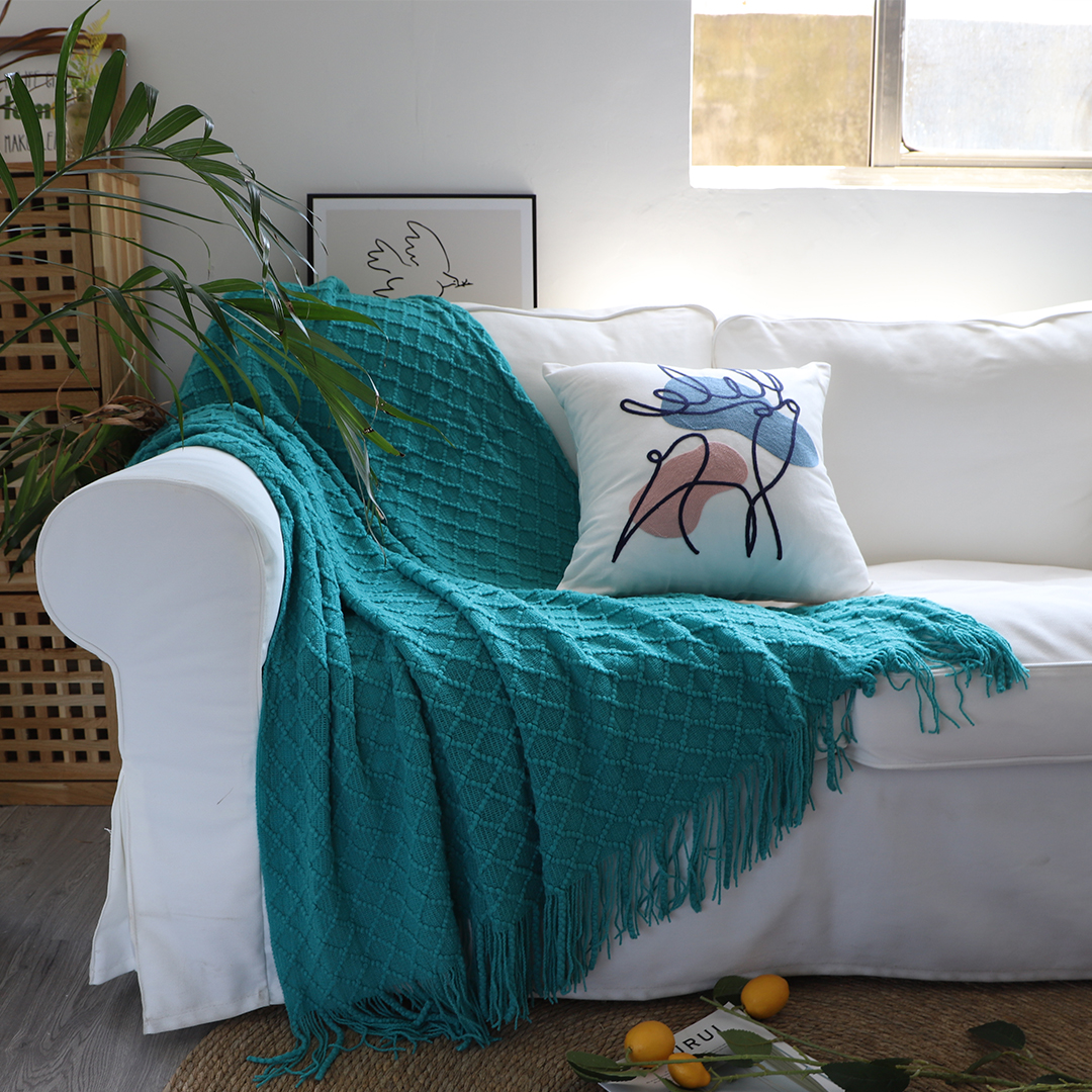 Soga 2X Teal Diamond Pattern Knitted Throw Blanket Warm Cozy Woven Cover Couch Bed Sofa Home Decor With Tassels, Home, Bed Linen, Throws And Blankets, Blankets, ,  - Nz Depot 2