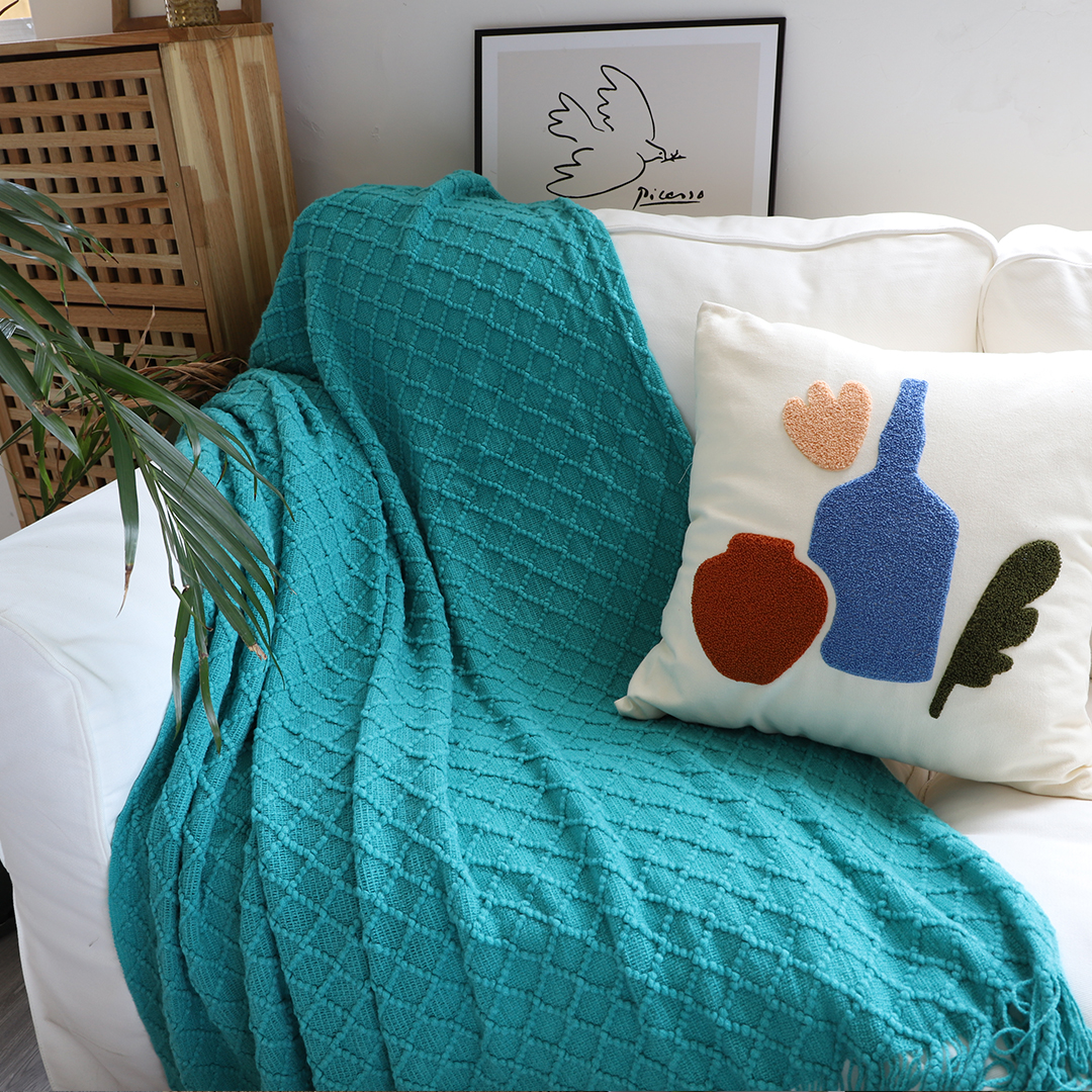 Soga 2X Teal Diamond Pattern Knitted Throw Blanket Warm Cozy Woven Cover Couch Bed Sofa Home Decor With Tassels, Home, Bed Linen, Throws And Blankets, Blankets, ,  - Nz Depot 3