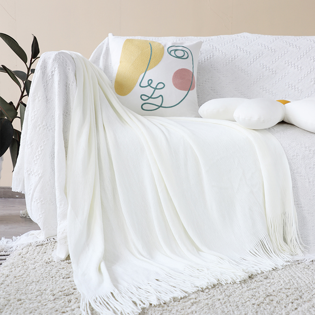 Soga 2X White Acrylic Knitted Throw Blanket Solid Fringed Warm Cozy Woven Cover Couch Bed Sofa Home Decor, Home, Bed Linen, Throws And Blankets, Blankets, ,  - Nz Depot 2