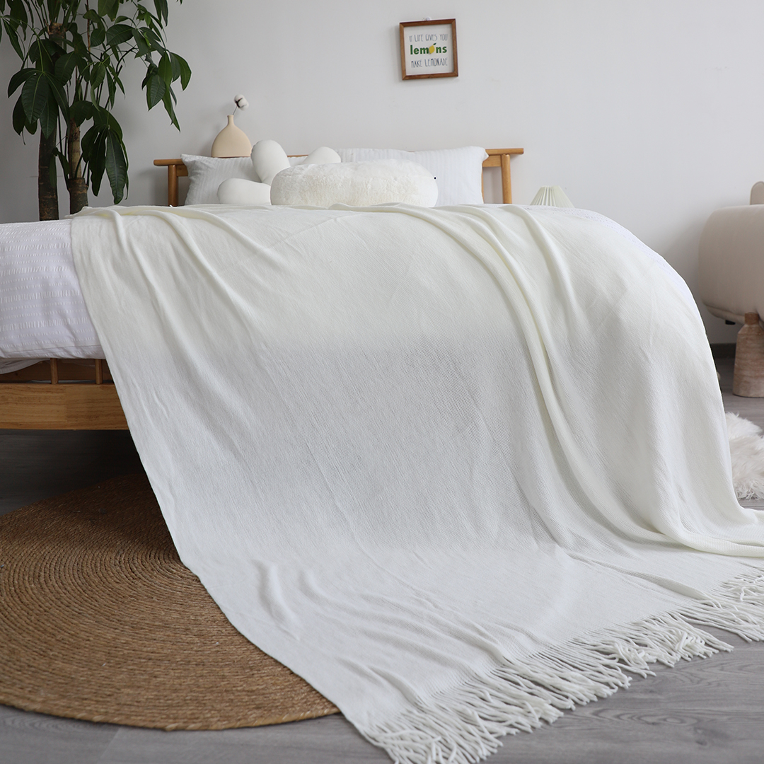 Soga 2X White Acrylic Knitted Throw Blanket Solid Fringed Warm Cozy Woven Cover Couch Bed Sofa Home Decor, Home, Bed Linen, Throws And Blankets, Blankets, ,  - Nz Depot 4