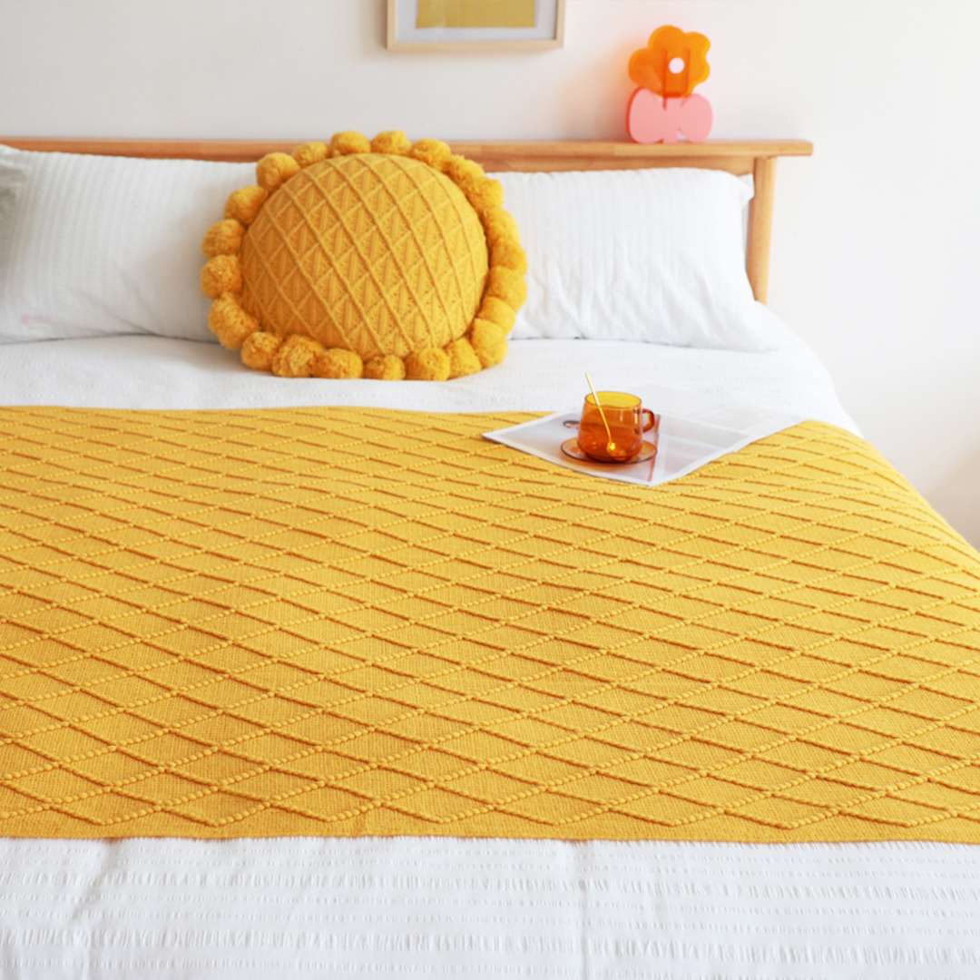 SOGA 2X Yellow Diamond Pattern Knitted Throw Blanket Warm Cozy Woven Cover Couch Bed Sofa Home Decor with Tassels, Home, Bed Linen, Throws And Blankets, Blankets, ,  - NZ DEPOT 3