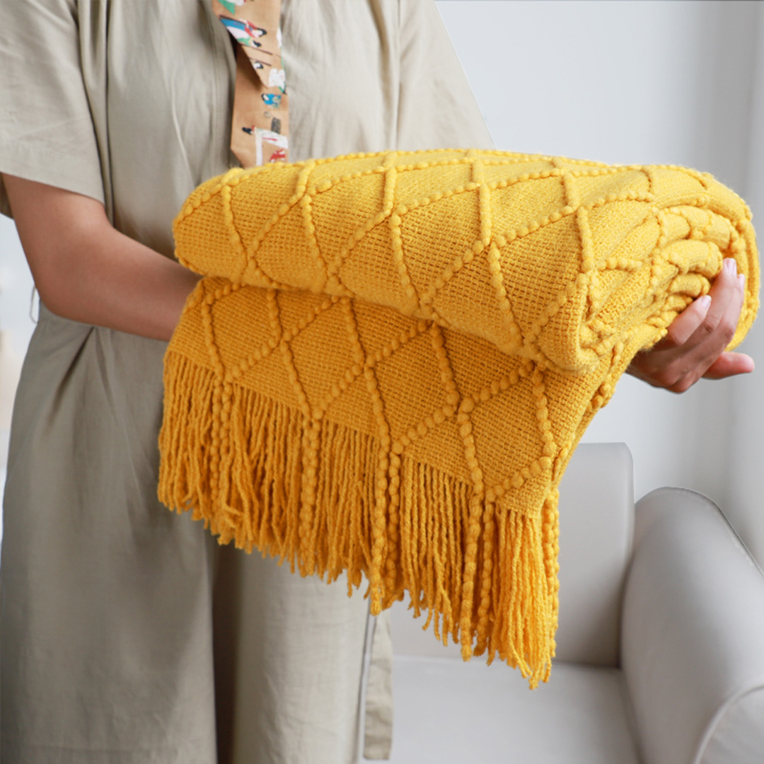 SOGA 2X Yellow Diamond Pattern Knitted Throw Blanket Warm Cozy Woven Cover Couch Bed Sofa Home Decor with Tassels, Home, Bed Linen, Throws And Blankets, Blankets, ,  - NZ DEPOT 5