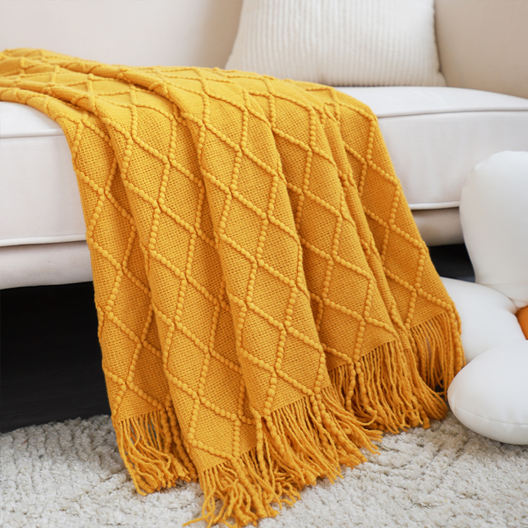 SOGA 2X Yellow Diamond Pattern Knitted Throw Blanket Warm Cozy Woven Cover Couch Bed Sofa Home Decor with Tassels, Home, Bed Linen, Throws And Blankets, Blankets, ,  - NZ DEPOT 6