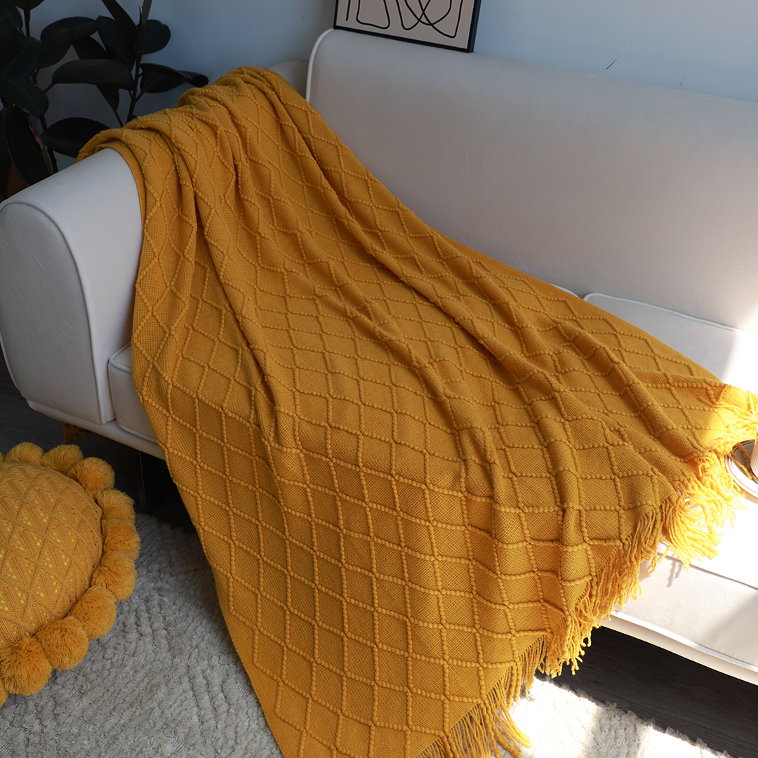 SOGA 2X Yellow Diamond Pattern Knitted Throw Blanket Warm Cozy Woven Cover Couch Bed Sofa Home Decor with Tassels, Home, Bed Linen, Throws And Blankets, Blankets, ,  - NZ DEPOT 8