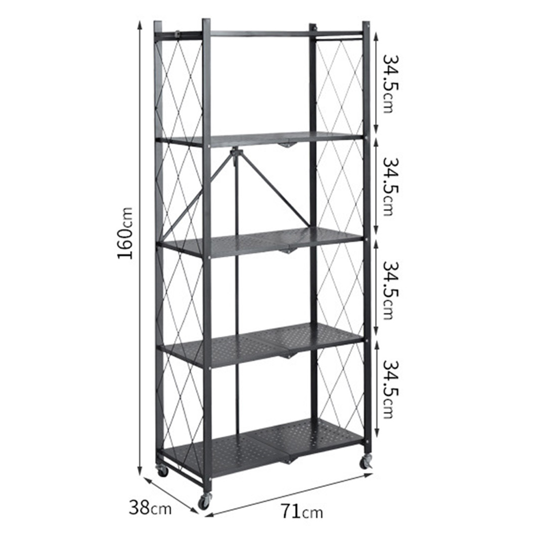 Soga 5 Tier Steel Black Foldable Kitchen Cart Multi-Functional Shelves Portable Storage Organizer With Wheels, Garden, Tools &Amp; Hardware, Garage Storage &Amp; Organisation, Utility Shelves, , ,  - Nz Depot 2