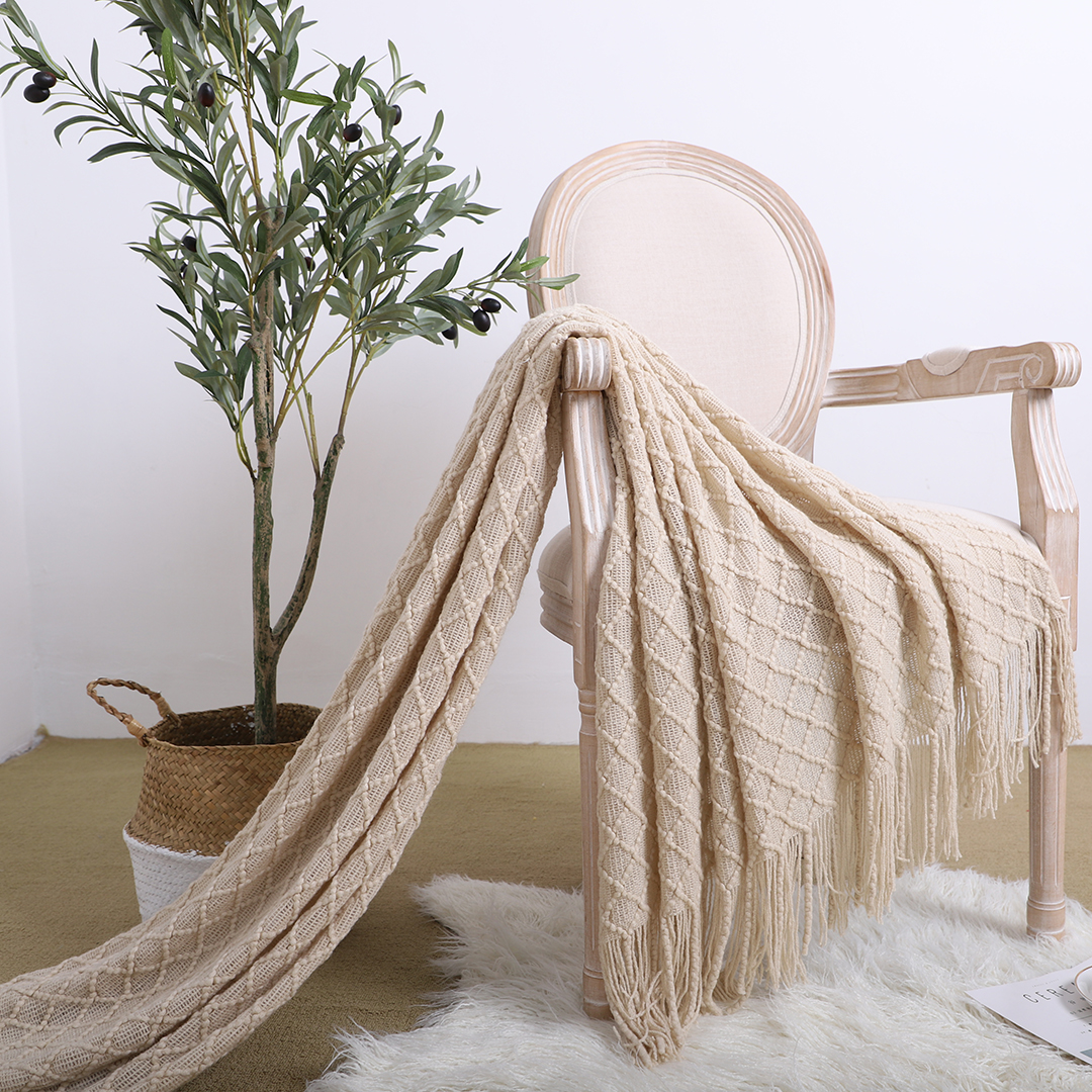 Soga Beige Diamond Pattern Knitted Throw Blanket Warm Cozy Woven Cover Couch Bed Sofa Home Decor With Tassels, Home, Bed Linen, Throws And Blankets, Blankets, ,  - Nz Depot 3