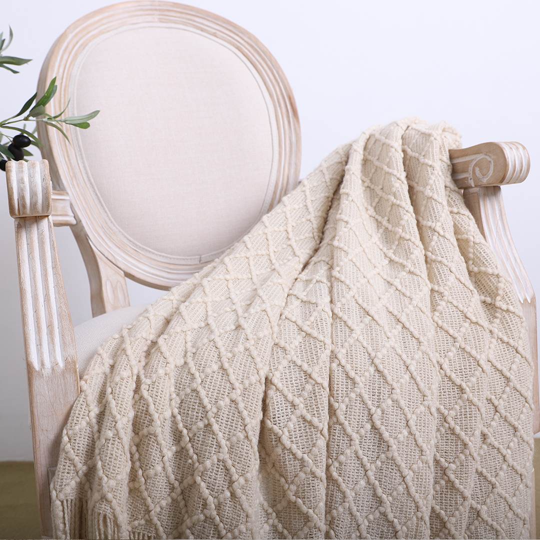 Soga Beige Diamond Pattern Knitted Throw Blanket Warm Cozy Woven Cover Couch Bed Sofa Home Decor With Tassels, Home, Bed Linen, Throws And Blankets, Blankets, ,  - Nz Depot 4