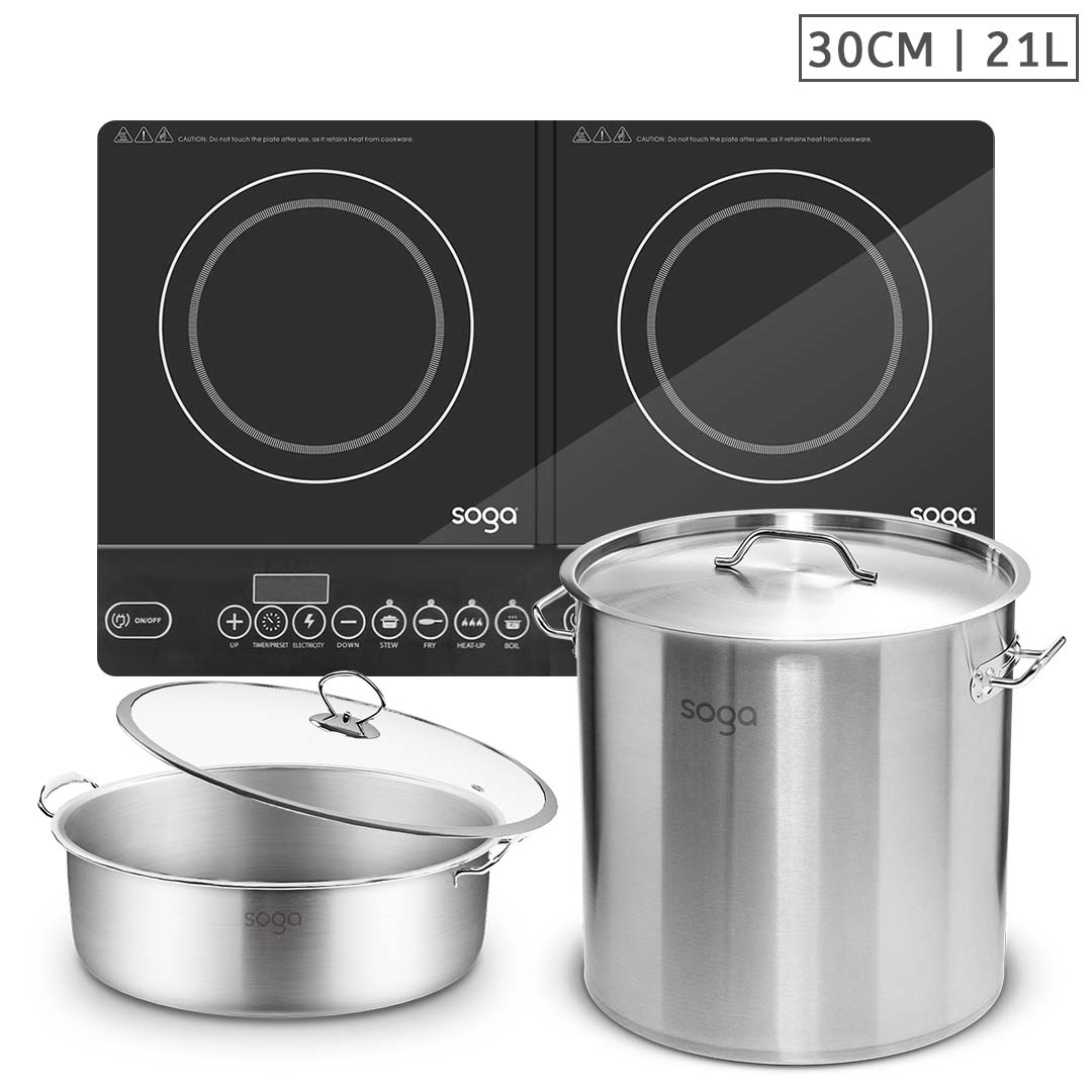 SOGA Dual Burners Cooktop Stove, 21L Stainless Steel Stockpot 30cm and 30cm Induction Casserole, Home & Living, Kitchen & Dining, Cookware, Induction Cookware, ,  - NZ DEPOT 1