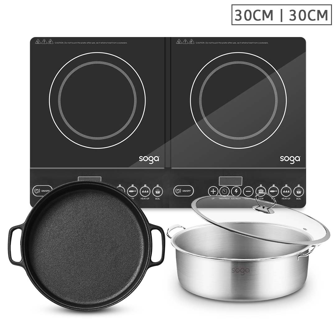 SOGA Dual Burners Cooktop Stove, 30cm Cast Iron Frying Pan Skillet and 30cm Induction Casserole, Home & Living, Kitchen & Dining, Cookware, Induction Cookware, ,  - NZ DEPOT 1