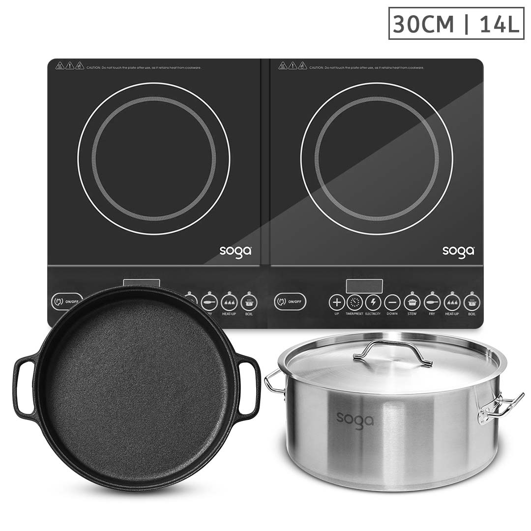 SOGA Dual Burners Cooktop Stove, 30cm Cast Iron Skillet and 14L Stainless Steel Stockpot, Home & Living, Kitchen & Dining, Cookware, Induction Cookware, ,  - NZ DEPOT 1