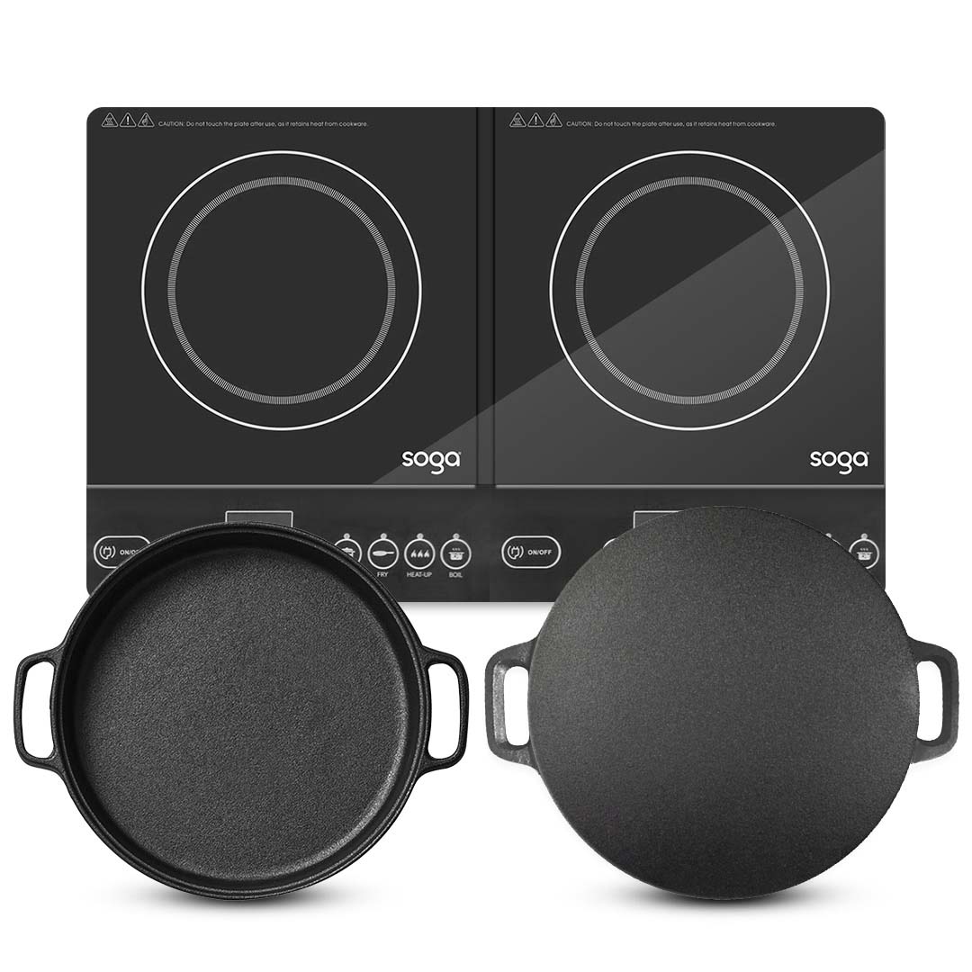 SOGA Dual Burners Cooktop Stove 30cm Cast Iron Skillet and 34cm Induction Crepe Pan Cookware, Home & Living, Kitchen & Dining, Cookware, Induction Cookware, ,  - NZ DEPOT 1