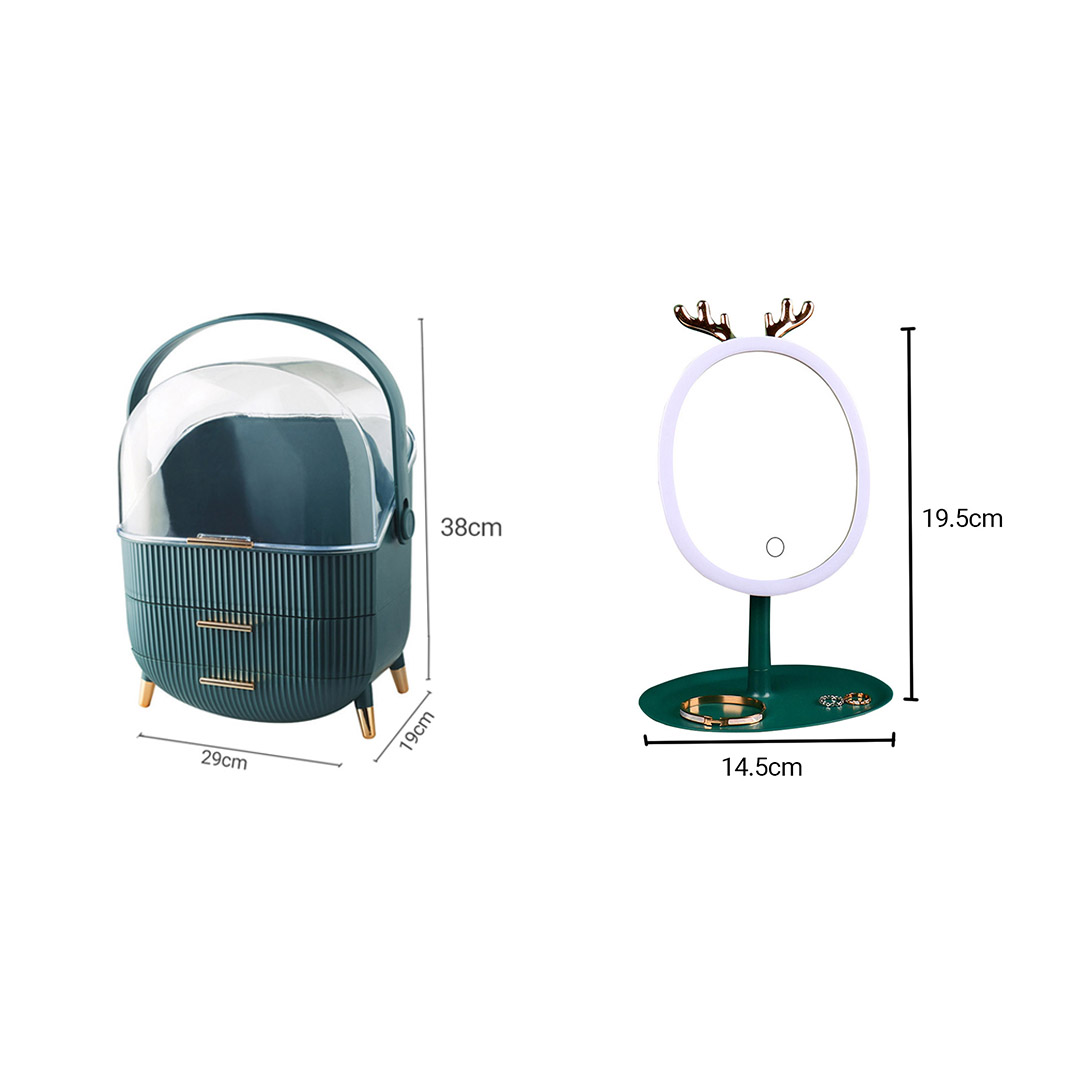 Soga Green Cosmetic Jewelry Storage Organiser With Antler Led Light Mirror Tabletop Vanity Set, Home, Bathroom, Bathroom Accessories, Bathroom Storage, ,  - Nz Depot 5