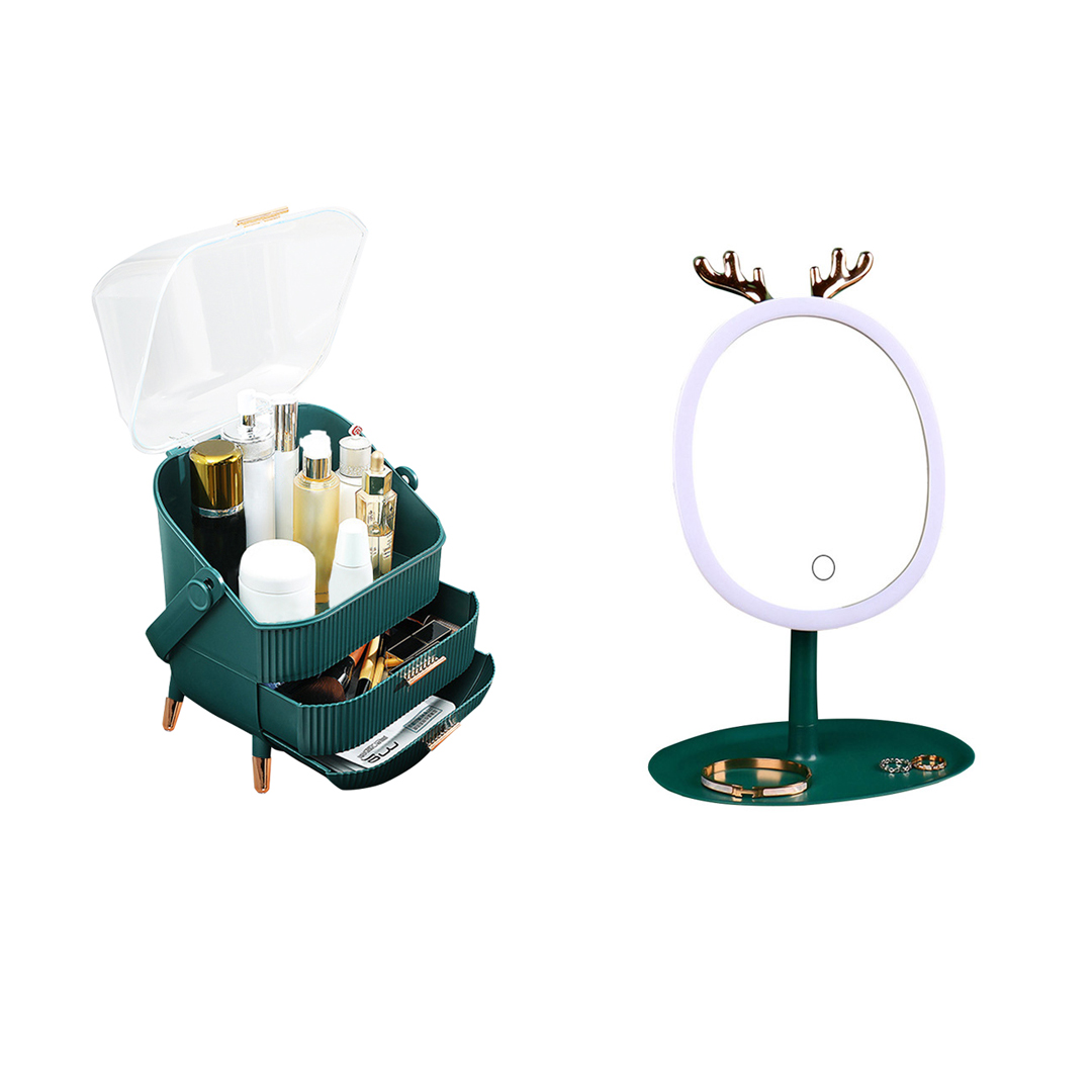 Soga Green Cosmetic Jewelry Storage Organiser With Antler Led Light Mirror Tabletop Vanity Set, Home, Bathroom, Bathroom Accessories, Bathroom Storage, ,  - Nz Depot 1