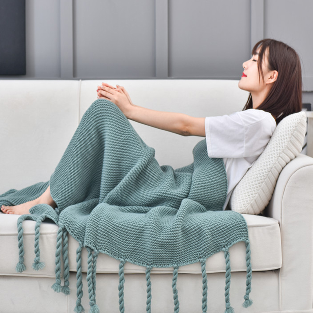 Soga Green Tassel Fringe Knitting Blanket Warm Cozy Woven Cover Couch Bed Sofa Home Decor, Home, Bed Linen, Throws And Blankets, Blankets, ,  - Nz Depot 3