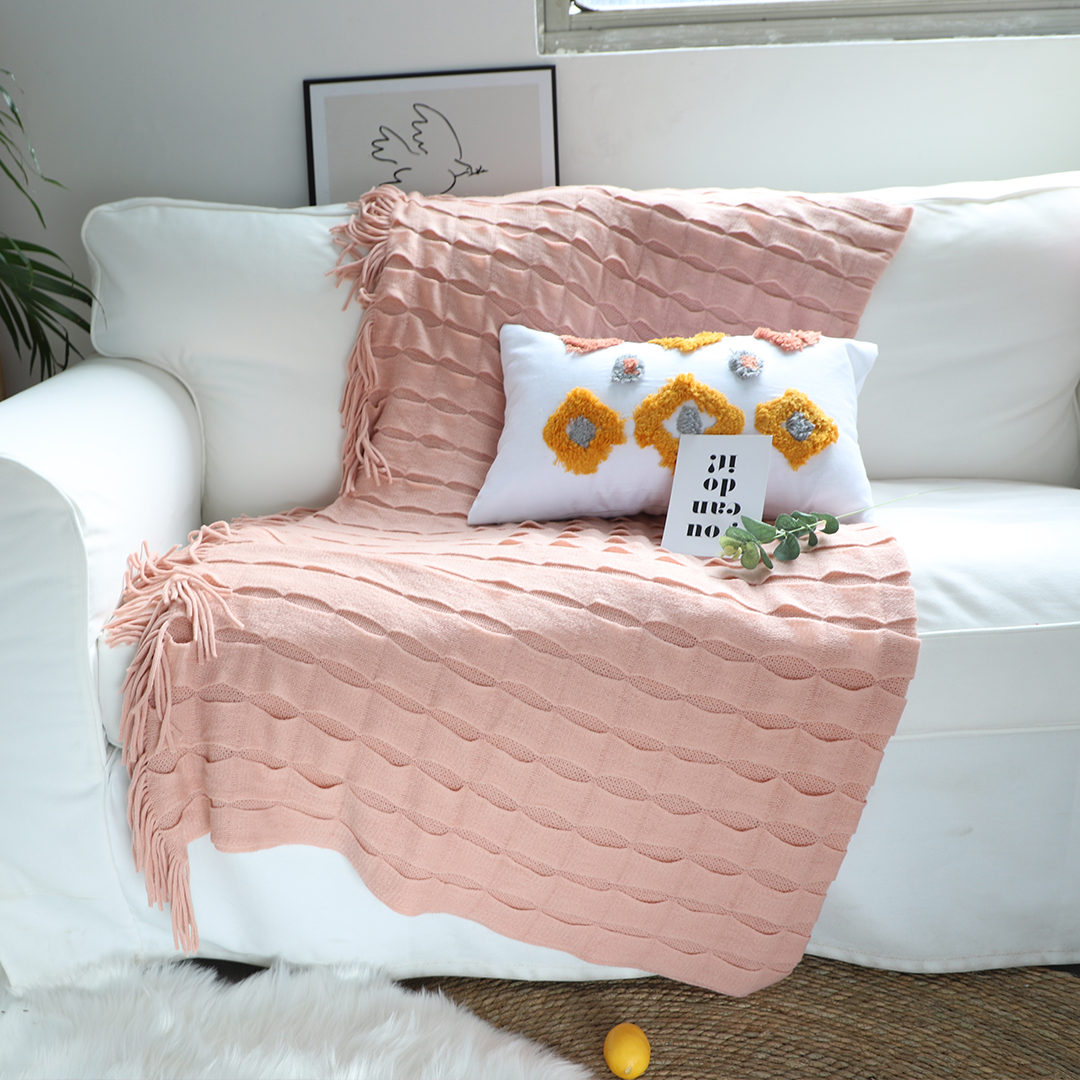 Soga Pink Textured Knitted Throw Blanket Warm Cozy Woven Cover Couch Bed Sofa Home Decor With Tassels, Home, Bed Linen, Throws And Blankets, Blankets, ,  - Nz Depot 2