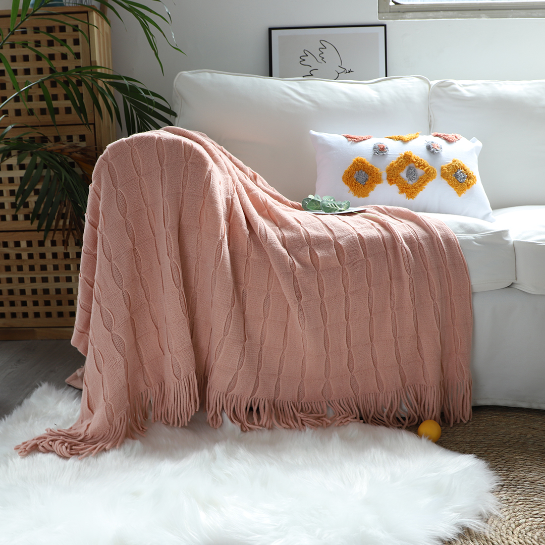 Soga Pink Textured Knitted Throw Blanket Warm Cozy Woven Cover Couch Bed Sofa Home Decor With Tassels, Home, Bed Linen, Throws And Blankets, Blankets, ,  - Nz Depot 3