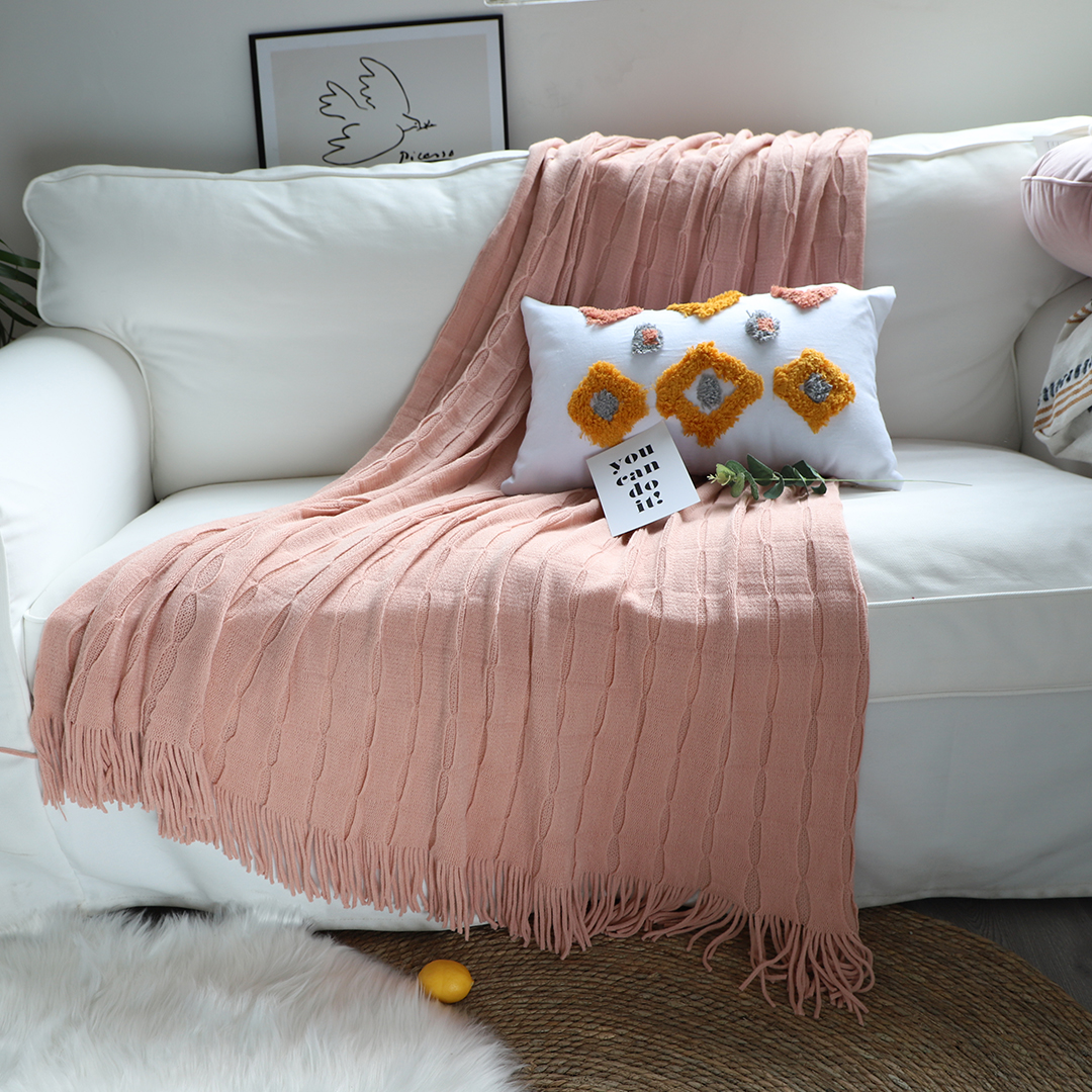 Soga Pink Textured Knitted Throw Blanket Warm Cozy Woven Cover Couch Bed Sofa Home Decor With Tassels, Home, Bed Linen, Throws And Blankets, Blankets, ,  - Nz Depot 4