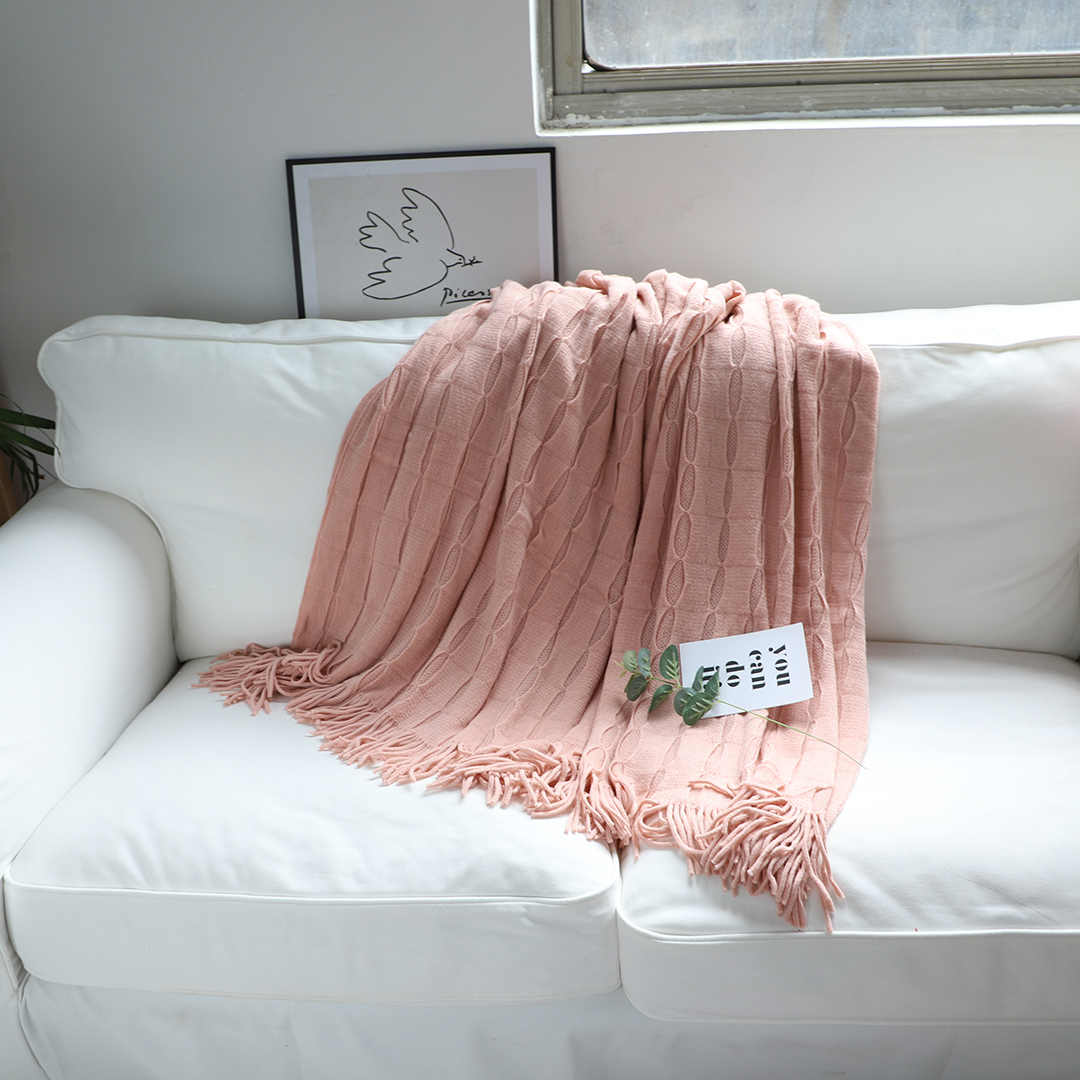 Soga Pink Textured Knitted Throw Blanket Warm Cozy Woven Cover Couch Bed Sofa Home Decor With Tassels, Home, Bed Linen, Throws And Blankets, Blankets, ,  - Nz Depot 5