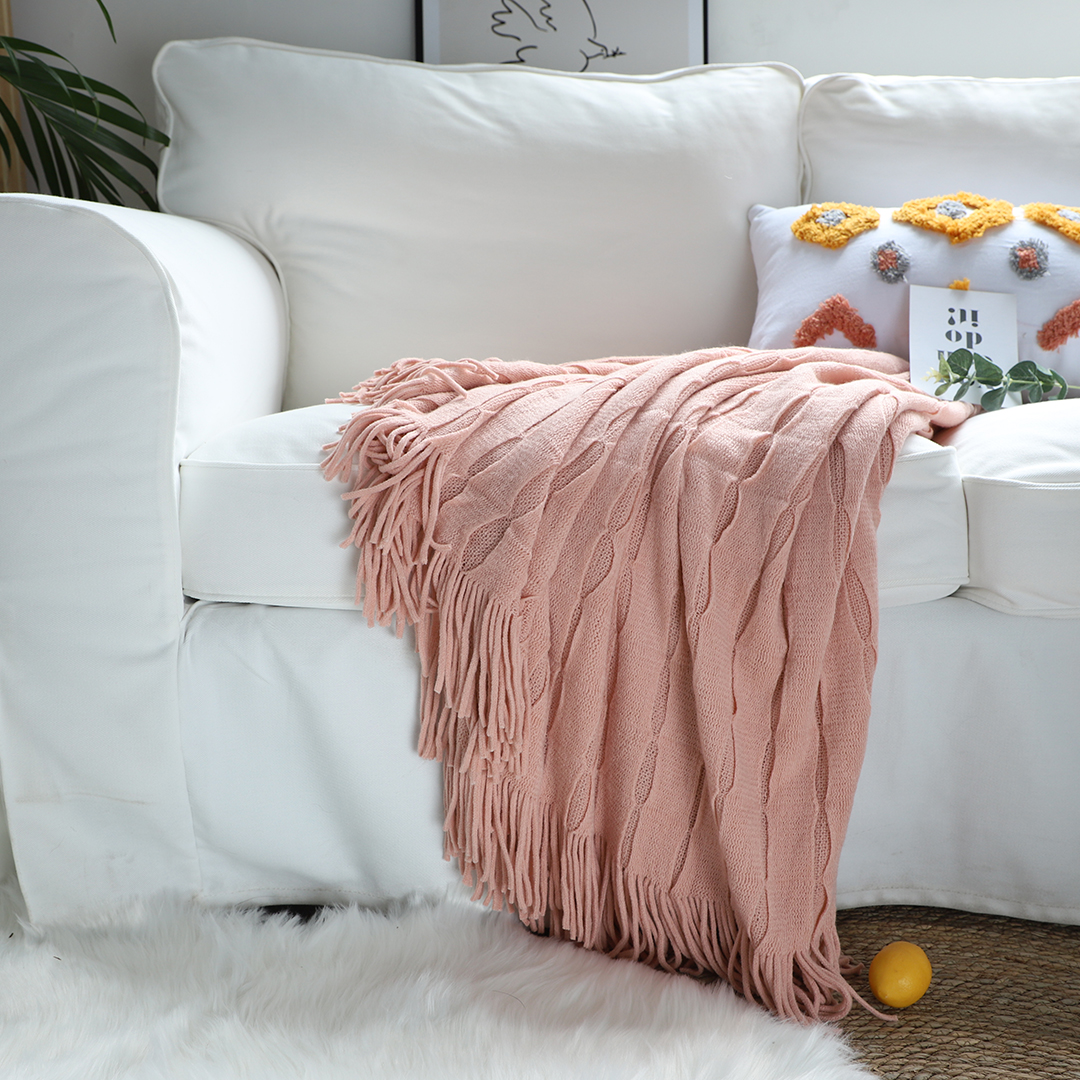 Soga Pink Textured Knitted Throw Blanket Warm Cozy Woven Cover Couch Bed Sofa Home Decor With Tassels, Home, Bed Linen, Throws And Blankets, Blankets, ,  - Nz Depot 7