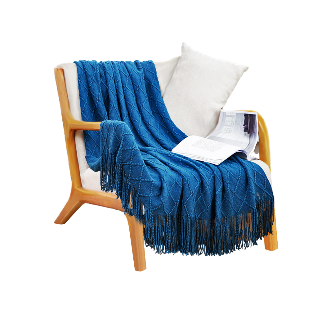 Soga Royal Blue Diamond Pattern Knitted Throw Blanket Warm Cozy Woven Cover Couch Bed Sofa Home Decor With Tassels, Home, Bed Linen, Throws And Blankets, Blankets, ,  - Nz Depot 1