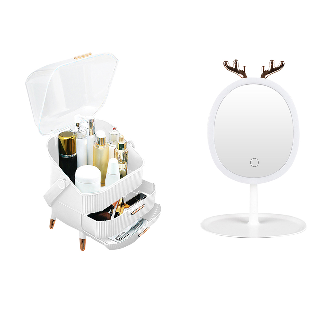 Soga White Cosmetic Jewelry Storage Organiser With Antler Led Light Mirror Tabletop Vanity Set, Home, Bathroom, Bathroom Accessories, Bathroom Storage, ,  - Nz Depot 1